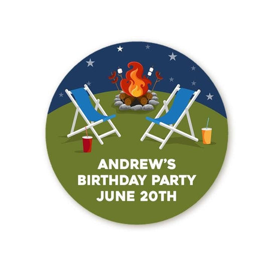 Bonfire Camping Birthday Party Favor Stickers, Happy Birthday Labels, Custom Birthday Party Favor Labels, Round Stickers