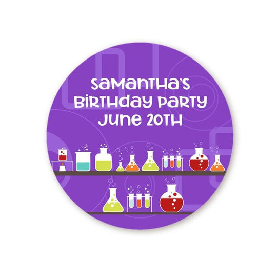 Science Lab Birthday Party Favor Stickers, Happy Birthday Labels, Custom Birthday Party Favor Labels, Round Stickers