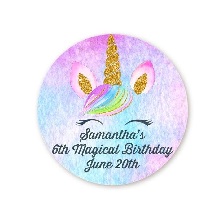 Unicorn Watercolor Birthday Party Favor Stickers: Personalized Round Labels