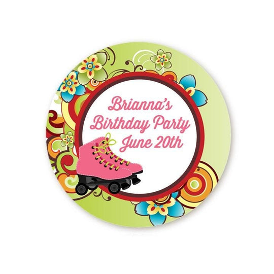 Roller Skating Birthday Party Favor Stickers, Happy Birthday Labels, Custom Birthday Party Favor Labels, Personalized Round Stickers