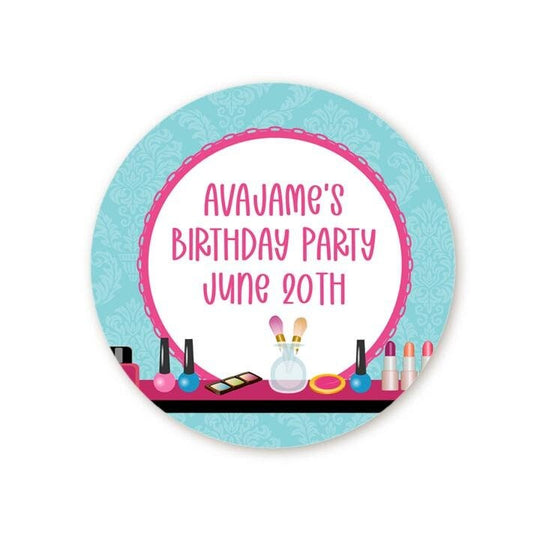 Glamour Girl Make Up Birthday Party Favor Stickers, Happy Birthday Labels, Custom Birthday Party Favor Labels, Round Stickers