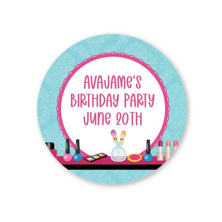 Glamour Girl Make Up Birthday Party Favor Stickers, Happy Birthday Labels, Custom Birthday Party Favor Labels, Round Stickers