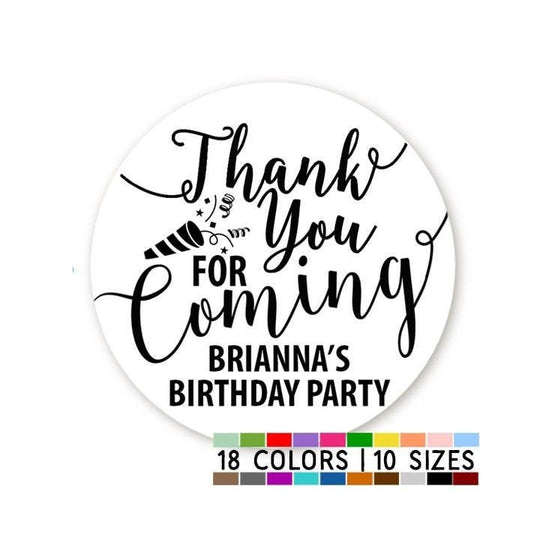 Thank You For Coming Birthday Party Confetti Favor Stickers, Happy Birthday Labels, Custom Birthday Party Favor Labels, Personalized Round Stickers