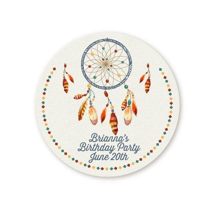Dream catcher Birthday Party Favor Stickers, Happy Birthday Labels, Custom Birthday Party Favor Labels, Personalized Round Stickers