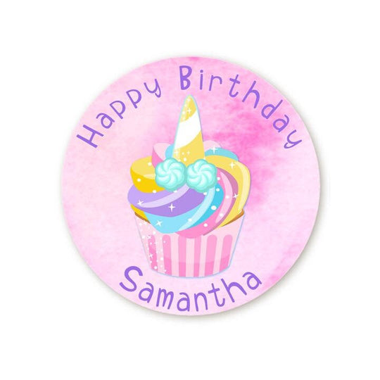 Unicorn Cupcake Birthday Party Favor Stickers, Happy Birthday Labels, Custom Birthday Party Favor Labels, Personalized Round Stickers