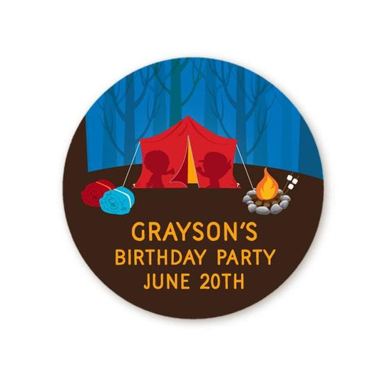 Camping Birthday Party Favor Stickers, Happy Birthday Labels, Custom Birthday Party Favor Labels, Round Stickers