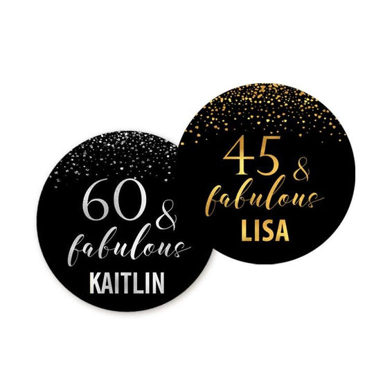 30, 40, 50, 60 Fabulous Adult Birthday Party Favors, Birthday Party Favor Stickers, Custom Milestone Sticker, Black Gold Confetti Sprinkles