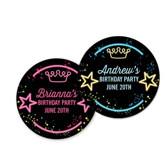 Neon Glow Party Birthday Party Favor Stickers, Happy Birthday Labels, Custom Birthday Party Favor Labels, Round Stickers