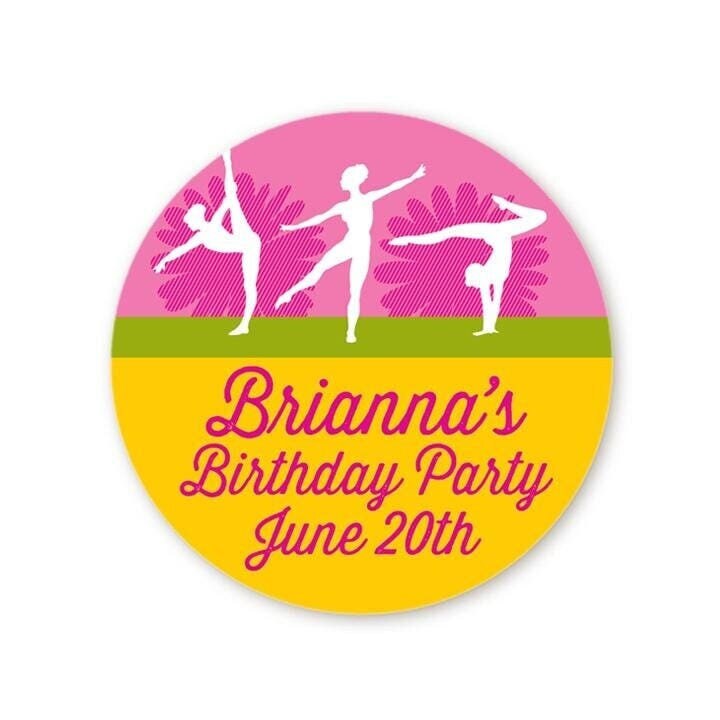 Gymnastics Birthday Party Favor Stickers, Happy Birthday Labels, Custom Birthday Party Favor Labels, Round Stickers
