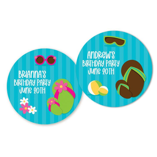 Flip Flops Pool Party Birthday Party Favor Stickers, Happy Birthday Labels, Custom Birthday Party Favor Labels, Personalized Round Stickers