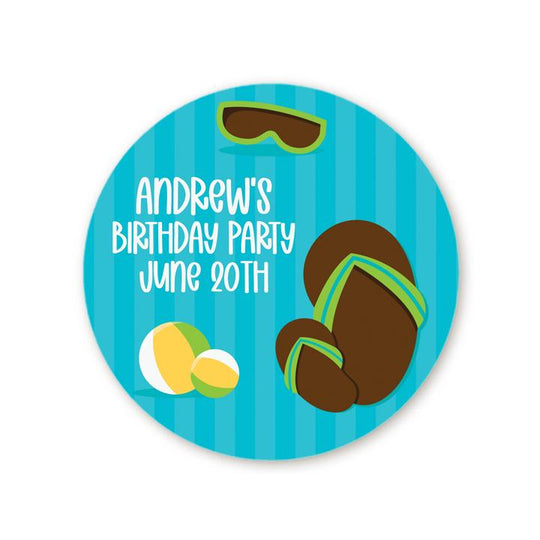 Flip Flops Pool Party Birthday Party Favor Stickers, Happy Birthday Labels, Custom Birthday Party Favor Labels, Personalized Round Stickers