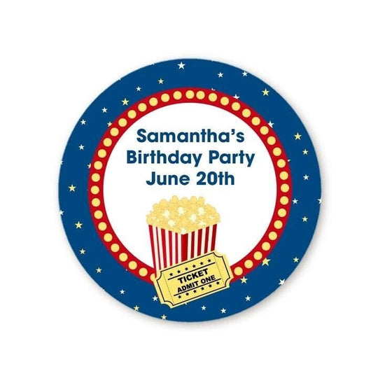 Movie Theatre and Popcorn Birthday Party Favor Stickers, Happy Birthday Labels, Custom Birthday Party Favor Labels, Round Stickers