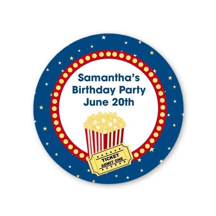 Personalized Movie Birthday Party Favor Stickers, Popcorn Theme