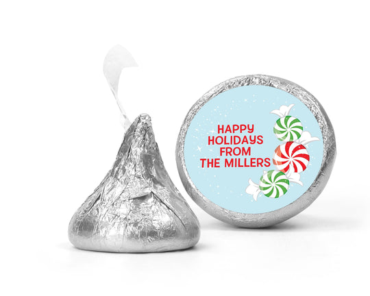 Peppermint Candy Christmas Kiss Stickers, Personalized Party Chocolate Favor Labels, Holiday Classroom Candy Labels, Christmas Kiss Labels