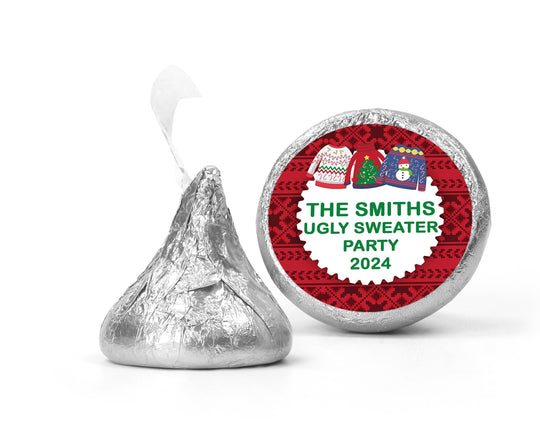 Ugly Sweater Party Chocolate Kiss Stickers, Personalized Xmas Party Chocolate Favor Labels, Holiday Party Candy Labels, Christmas Kiss Label