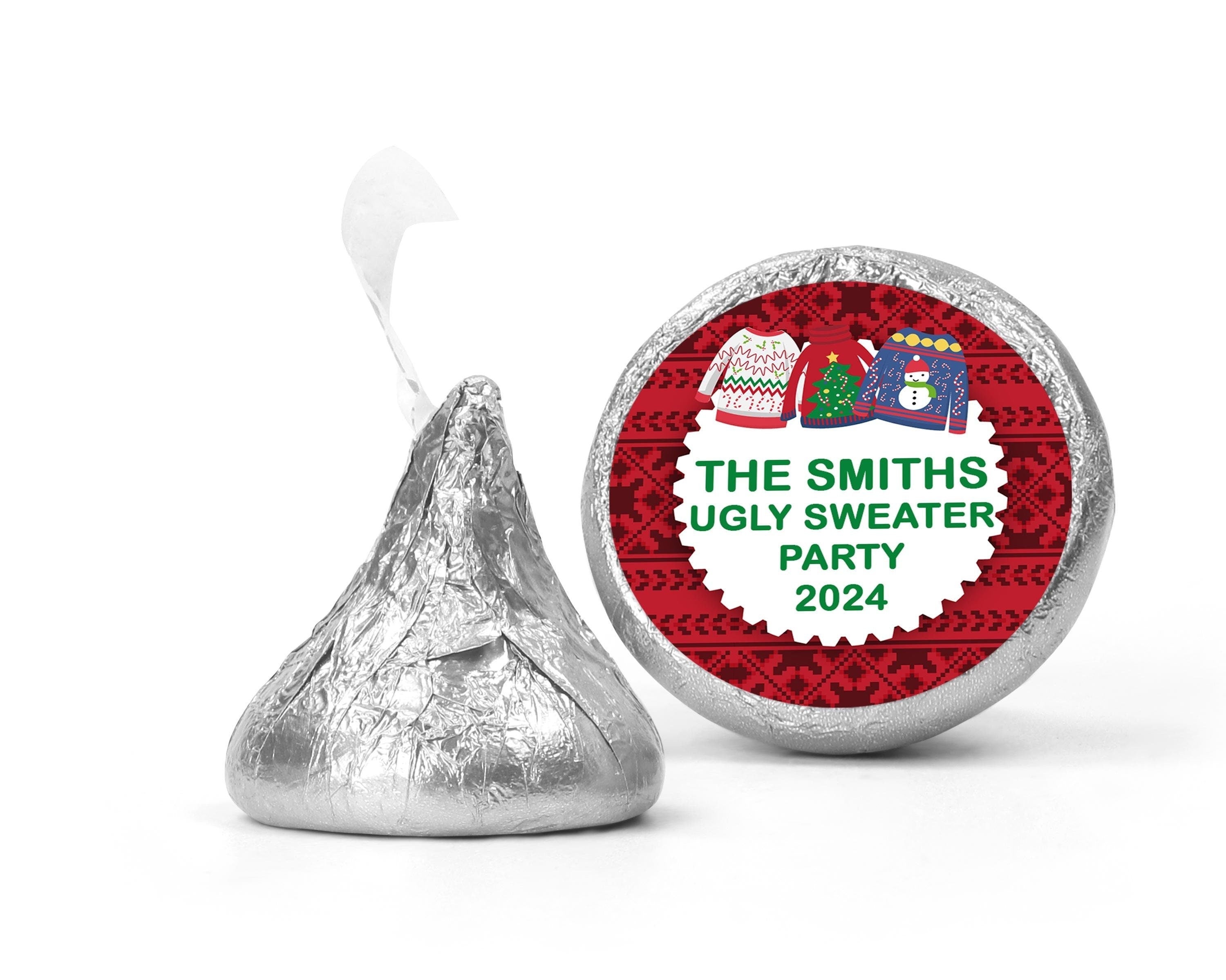 Ugly Sweater Party Chocolate Kiss Stickers, Personalized Christmas Favors
