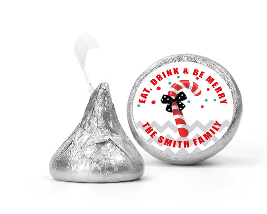 Eat Drink And Be Merry Christmas Kiss Stickers, Personalized Party Chocolate Favor Labels, Xmas Classroom Candy Labels, Christmas Kiss Label