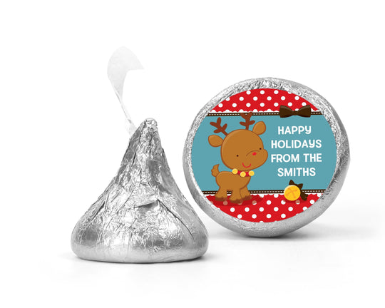 Red Nose Reindeer Christmas Kiss Stickers, Personalized Party Chocolate Favor Labels, Xmas Classroom Candy Labels, Christmas Kiss Labels