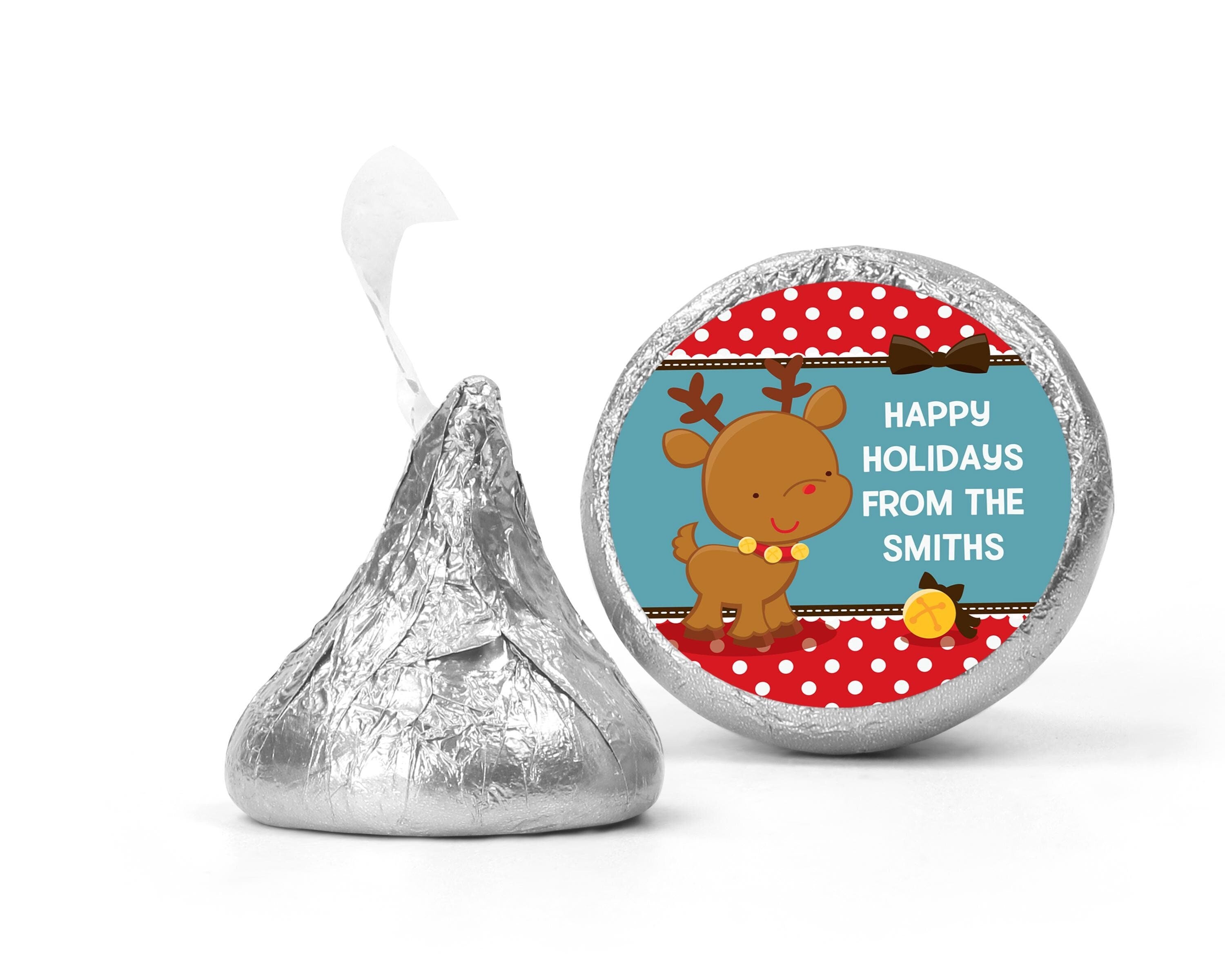 Red Nose Reindeer Christmas Kiss Stickers, Personalized Party Chocolate Favor Labels, Xmas Classroom Candy Labels, Christmas Kiss Labels