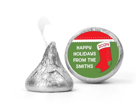 Red Stocking Christmas Chocolate Kiss Stickers, Personalized Party Chocolate Favor Labels, Xmas Classroom Candy Labels, Christmas Kiss Label
