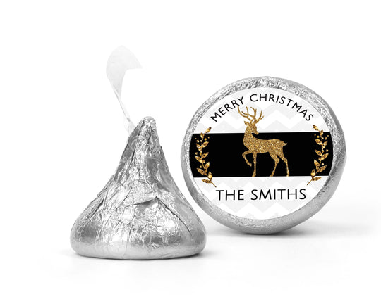 Reindeer Gold Glitter Christmas Kiss Stickers, Personalized Party Chocolate Favor Labels, Xmas Classroom Candy Labels, Christmas Kiss Labels