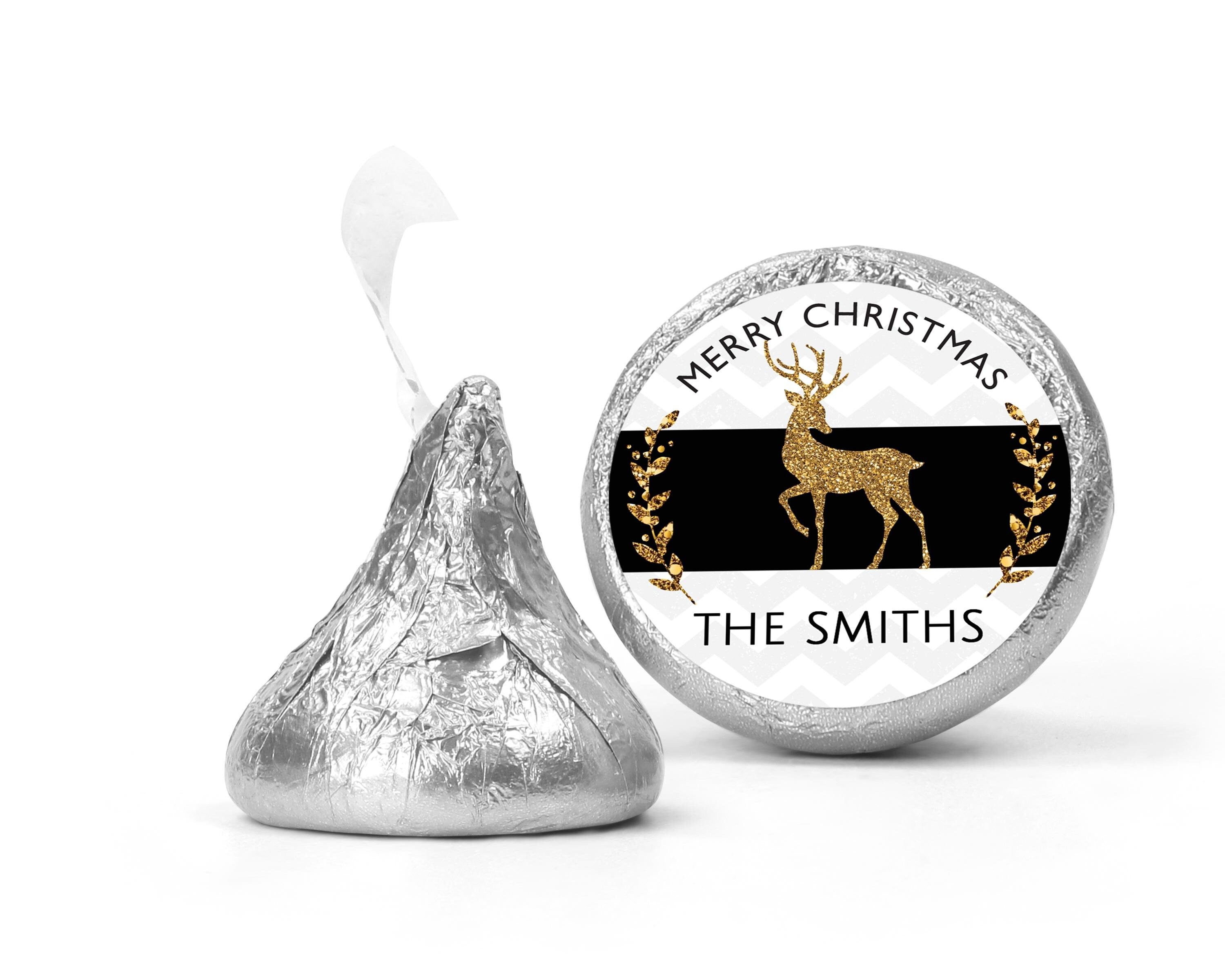 Reindeer Gold Glitter Christmas Kiss Stickers, Personalized Party Chocolate Favor Labels