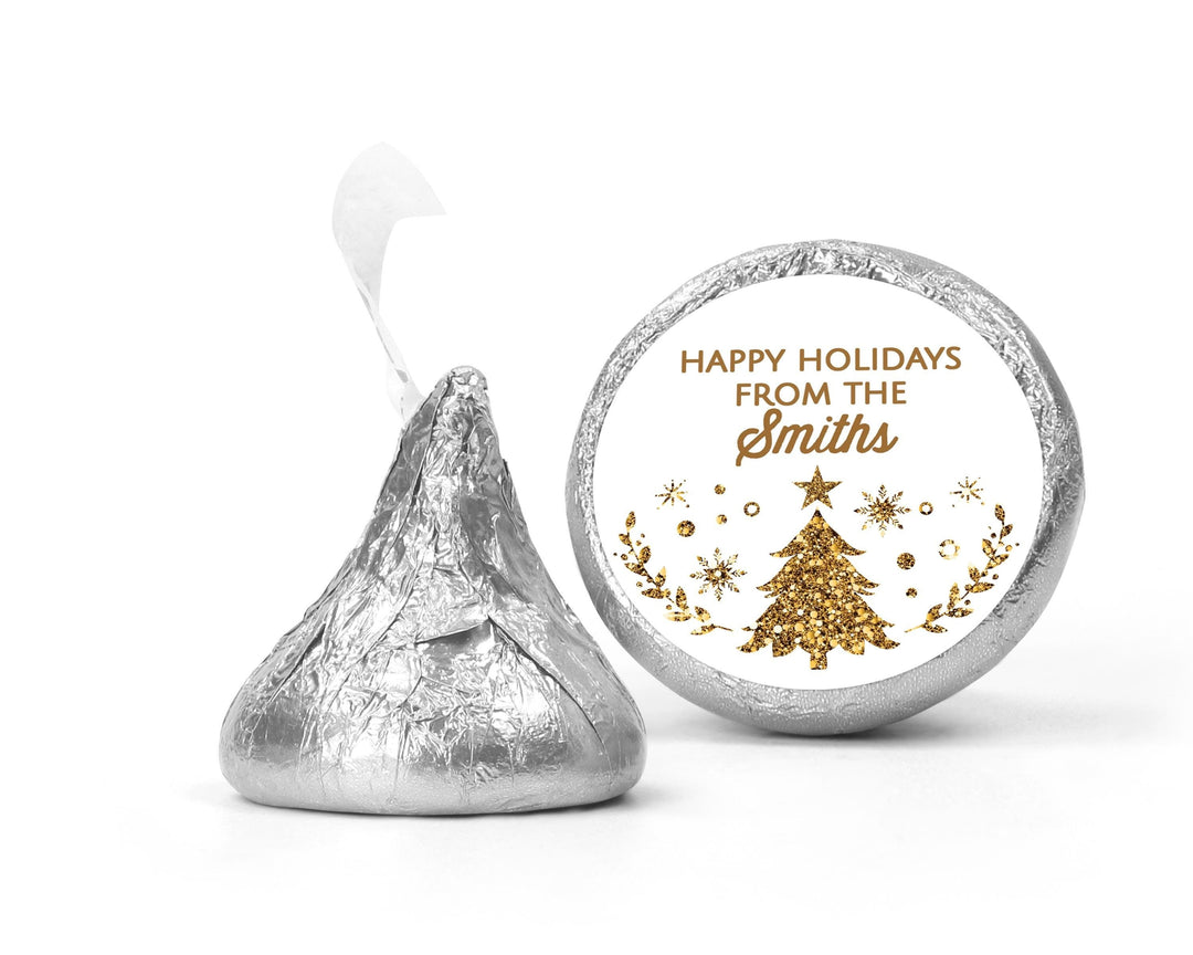 Christmas Tree Gold Glitter Kiss Stickers, Personalized Party Chocolate Favor Labels, Xmas Classroom Candy Labels, Happy Holiday Kiss Labels