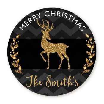 Reindeer Gold Glitter Merry Christmas Stickers, Personalized Merry Christmas Labels, Happy Holiday Gift Label, Christmas Favor Stickers