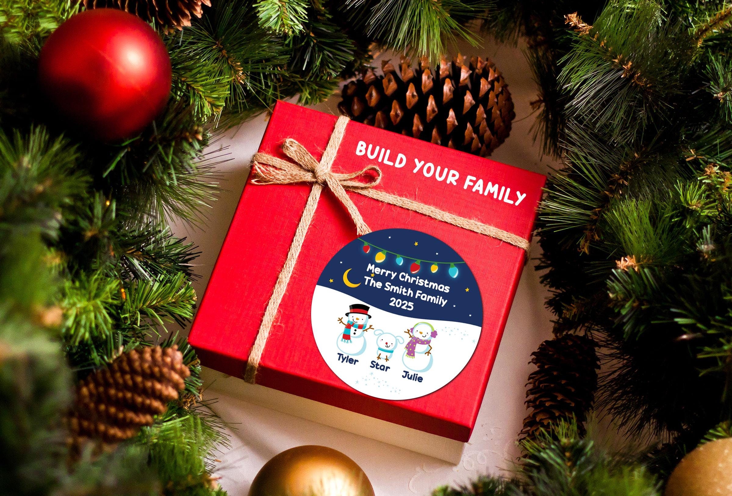 Snowman Family with Lights Christmas Stickers, Personalized Merry Christmas Labels, Happy Holiday Gift Label, Christmas Favor Stickers