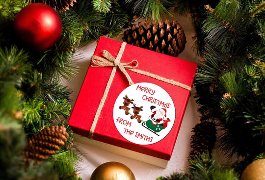 Santa Claus and his Reindeers Christmas Stickers, Personalized Merry Christmas Labels, Happy Holiday Gift Label, Christmas Favor Stickers