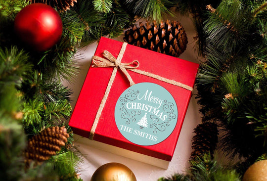 Gold Glitter Christmas Tree Stickers, Personalized Merry Christmas Labels, Happy Holiday Gift Label, Christmas Favor Stickers