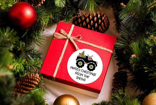 Tractor Truck with Reindeer Christmas Stickers, Personalized Merry Christmas Labels, Happy Holiday Gift Label, Christmas Favor Stickers