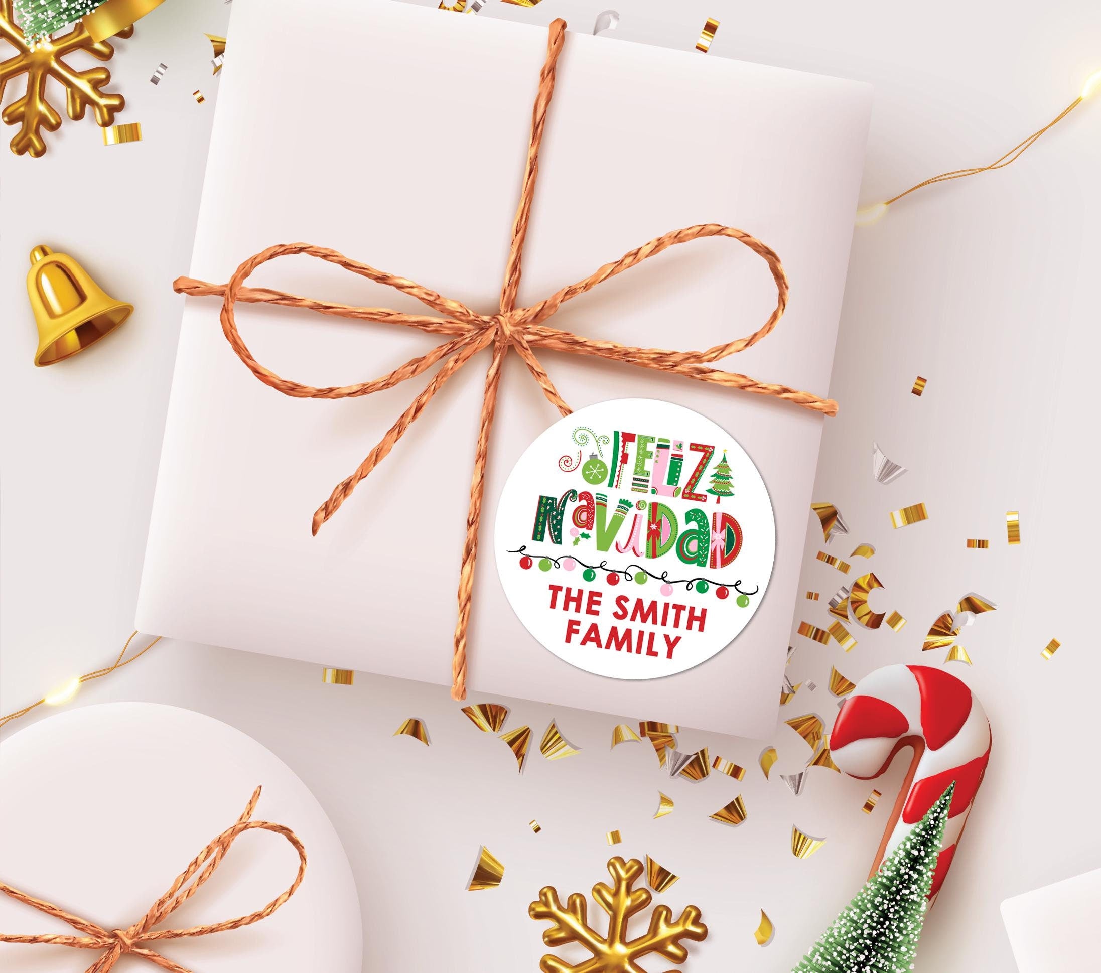 Feliz Navidad Christmas Stickers, Personalized Merry Christmas Labels, Holiday Gift Label/ Christmas Favor Stick, Happy Holiday Labels