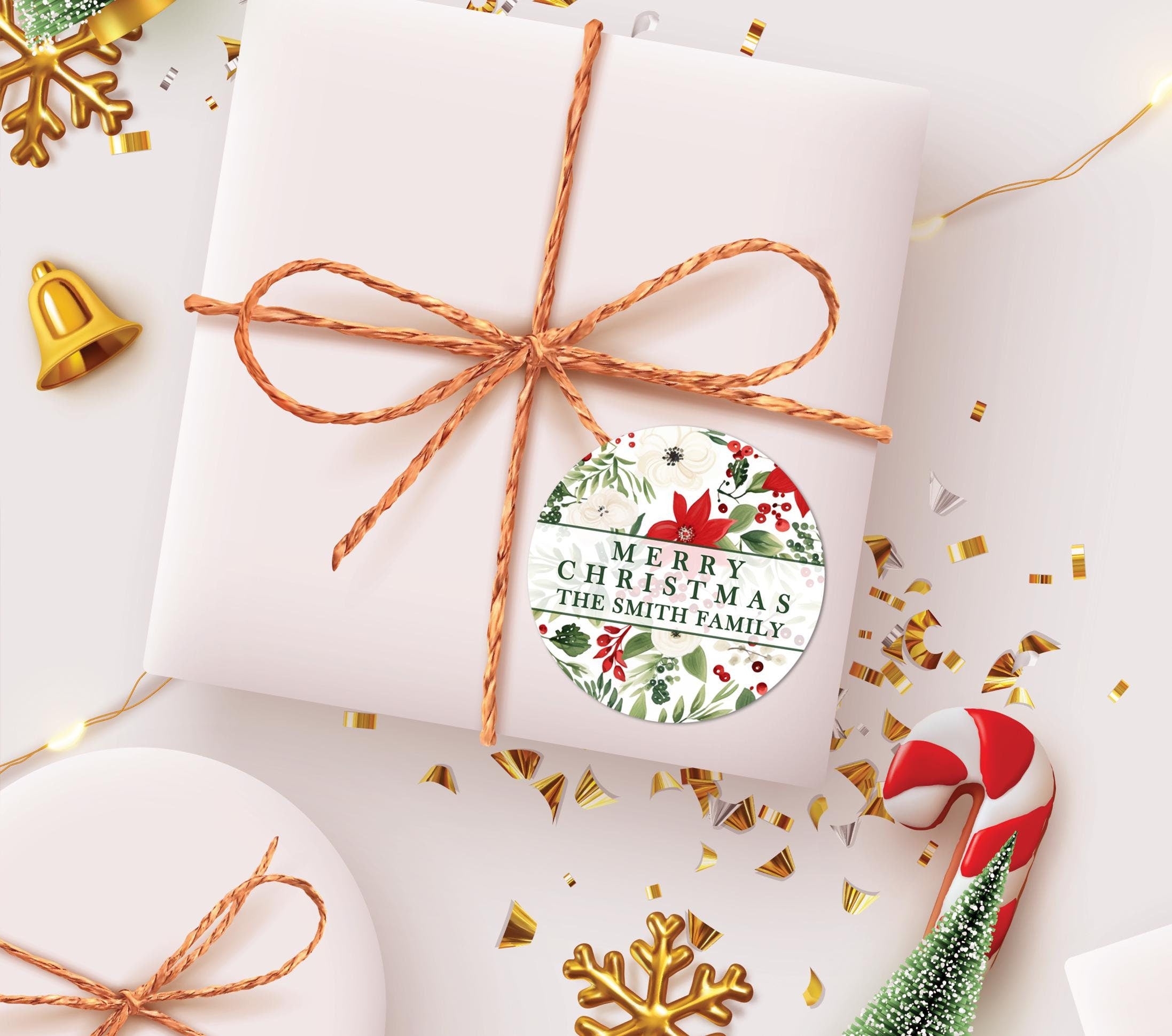 Poinsettia Happy Holidays Christmas Sticker, Personalized Merry Christmas Botanical Label, Happy Holiday Gift Label, Christmas Favor Sticker
