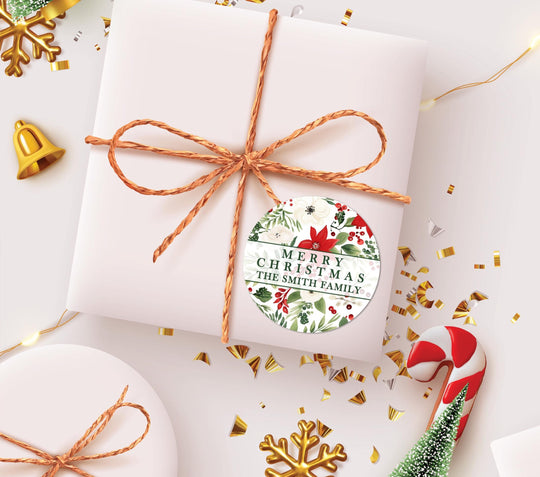 Poinsettia Happy Holidays Christmas Sticker, Personalized Merry Christmas Botanical Label, Happy Holiday Gift Label, Christmas Favor Sticker