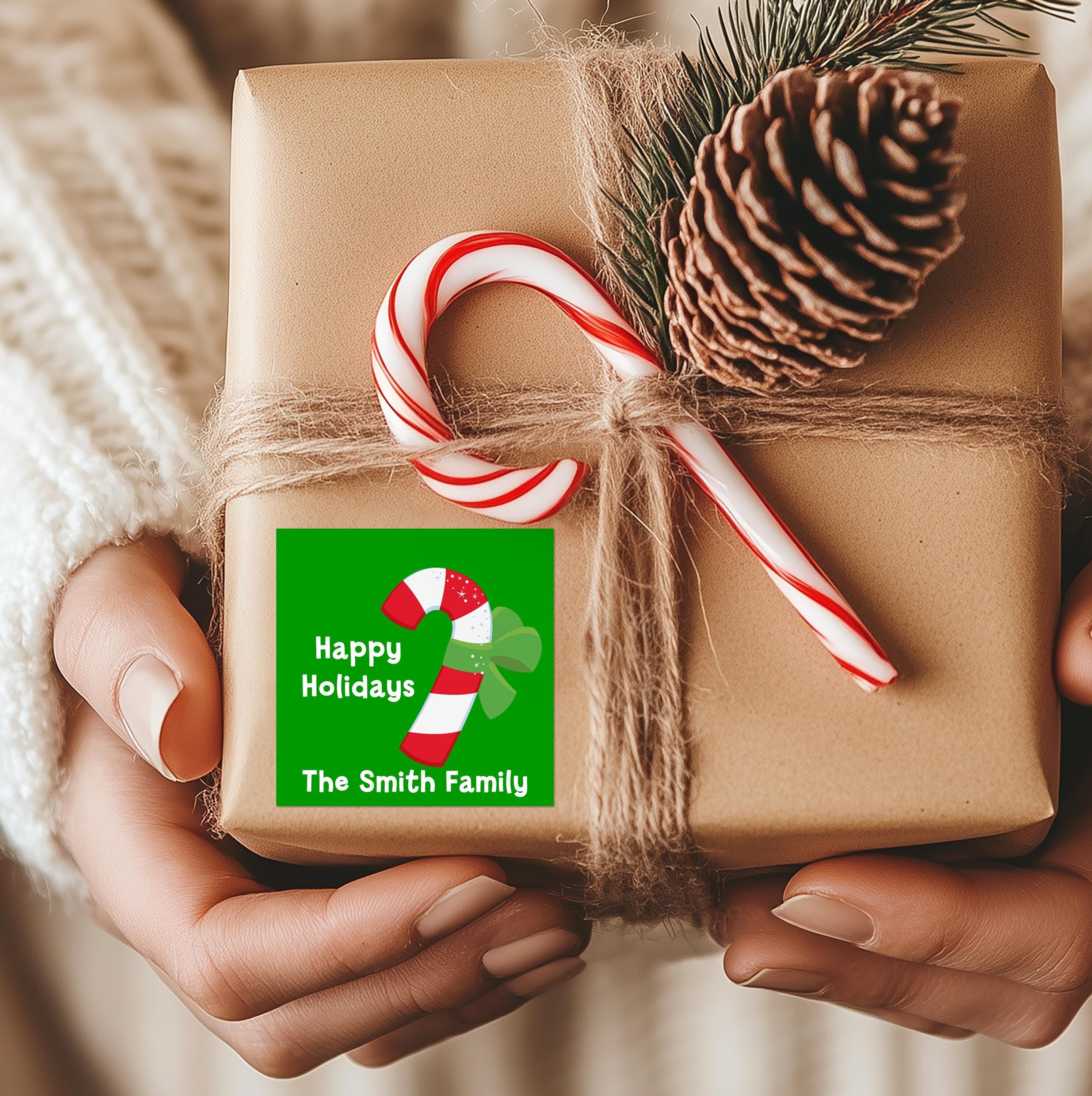 Candy Cane Stickers, Personalized Square Christmas stickers, Christmas gift tags, Large gift tags, Happy Holiday labels