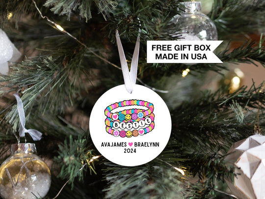Bestie Ornament 2025, Personalized Friendship Bracelet Ornament, Best Friends Round Gift Box, Name White Ceramic Gift Box