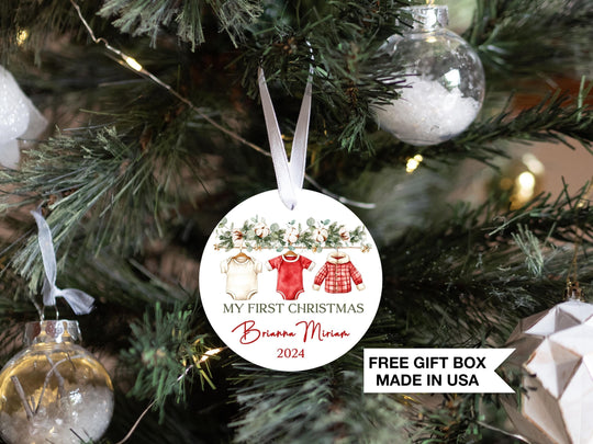 Baby's First Christmas Ornament | Personalized Baby Outfit Christmas | Custom Baby Christmas Ornament | Greenery Baby Gift