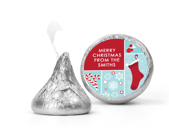 Christmas Stocking Candy Cane Kiss Stickers, Personalized Party Chocolate Favor Labels, Xmas Classroom Candy Labels, Christmas Kiss Labels