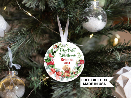 Baby's First Christmas Ornament | Personalized Teddy Bear Christmas | Custom Baby Christmas Ornament | Greenery Baby Gift