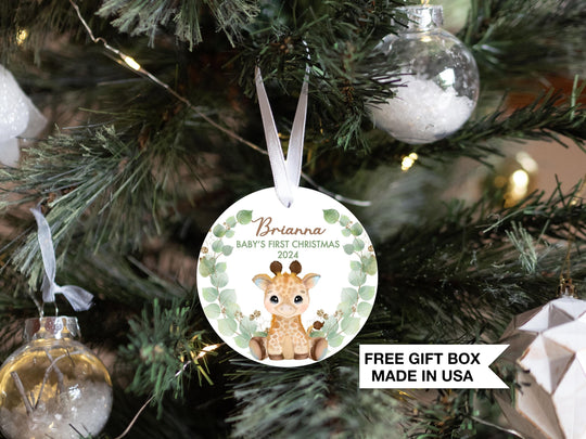 Baby's First Christmas Ornament | Personalized Giraffe Christmas Gift | Custom Baby Christmas Ornament | Greenery Baby Gift