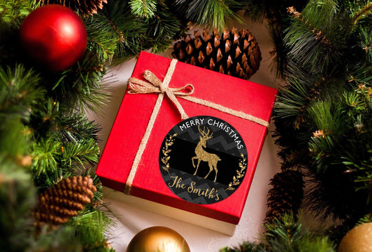 Reindeer Gold Glitter Merry Christmas Stickers, Personalized Merry Christmas Labels, Happy Holiday Gift Label, Christmas Favor Stickers