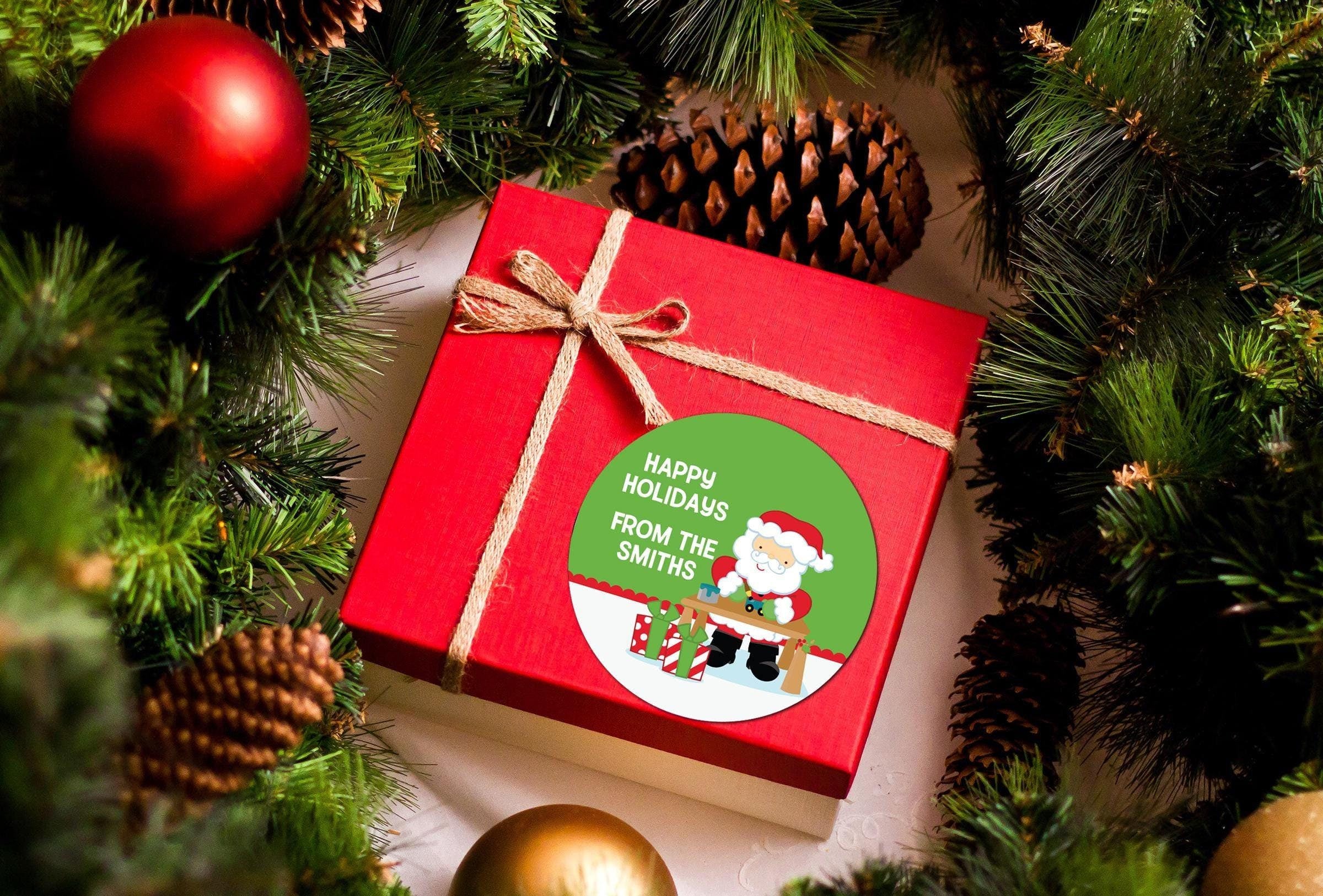 Santa's Work Shop Christmas Stickers, Personalized Happy Holiday Gift Labels