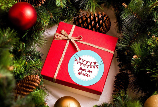 Happy Holiday Pennant Christmas Stickers, Personalized Merry Christmas Labels, Happy Holiday Gift Label, Christmas Favor Stickers