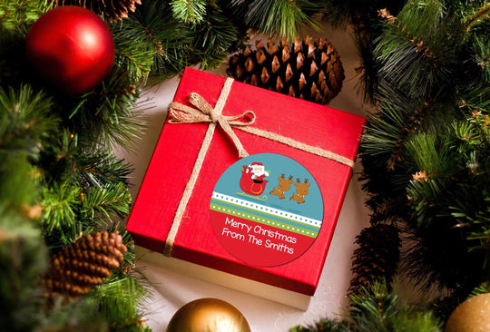 Santa And His Reindeer Christmas Stickers, Personalized Merry Christmas Labels, Happy Holiday Gift Label, Christmas Favor Stickers