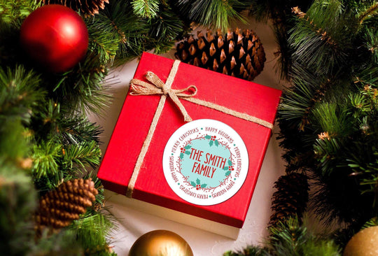 Mistletoe Wreath Christmas Stickers, Personalized Merry Christmas Labels, Holiday Gift Label/ Christmas Favor Stickers, Happy Holiday Labels