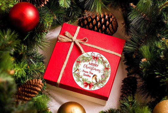 Merry Christmas Wreath Stickers, Personalized Merry Christmas Labels, Holiday Gift Label/ Christmas Favor Stickers, Happy Holiday Labels