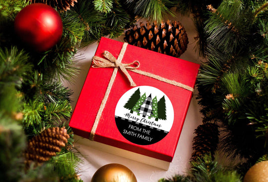 Christmas Tree Trio Black Plaid Christmas Stickers, Personalized Merry Christmas Labels, Happy Holiday Gift Label, Christmas Favor Stickers