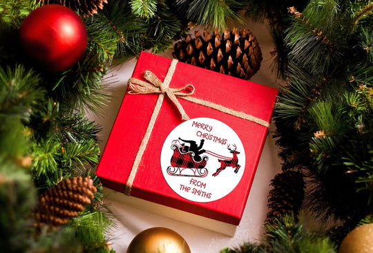 Santa Sleigh Black Red Plaid Christmas Stickers, Personalized Merry Christmas Labels, Happy Holiday Gift Label, Christmas Favor Stickers