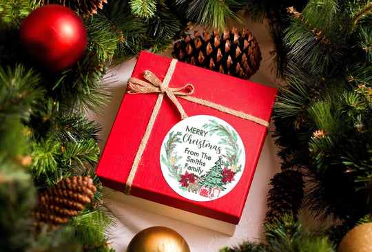 Merry Christmas Wreath Sticker, Personalized Merry Christmas Labels, Holiday Gift Label/ Christmas Favor Stickers, Happy Holiday Labels